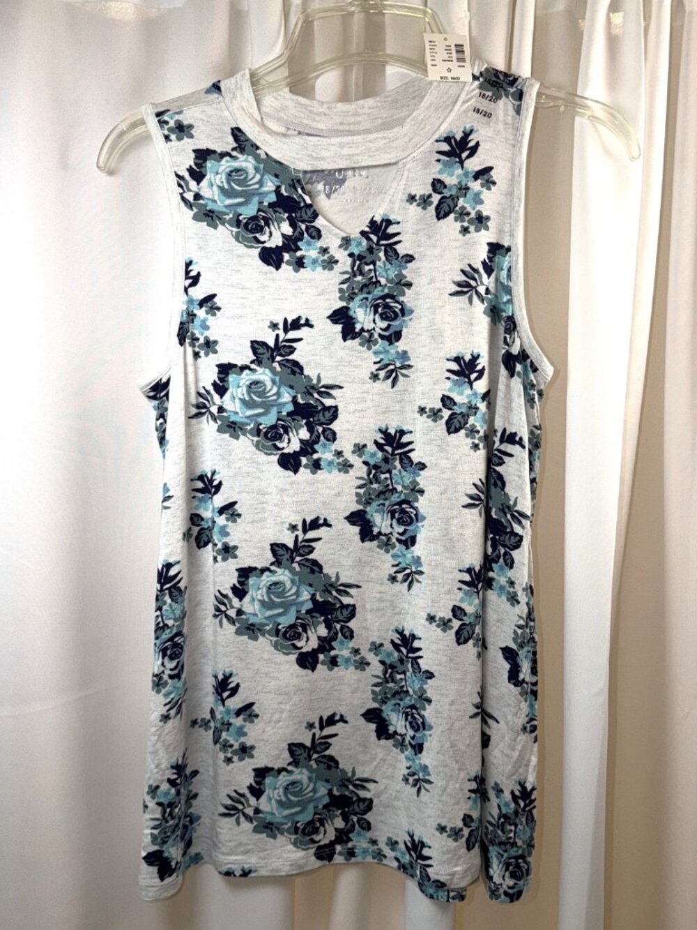 NWT Girls Justice Light Gray w/Teal & Blue Floral Tank Top Size 18/20